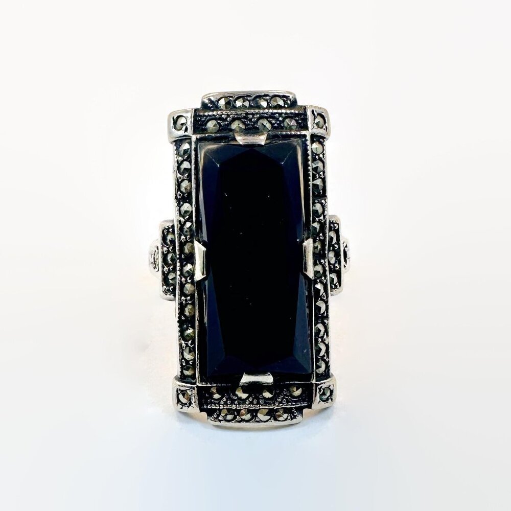 Art Deco Ring, Sterling Silver, Marcasite, Black Stone, Vintage, Antique, Long - Picture 3 of 5